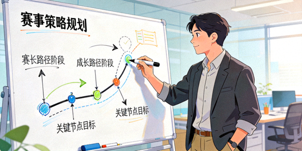 体育策划服务展示：策划人员在白板上绘制赛事策略与成长路径图